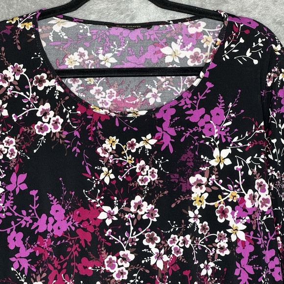 Ellen Weaver XL Shirt Top Black Floral Ruched 3/4 Sleeve Scoop Neck Stretch - Picture 3 of 8